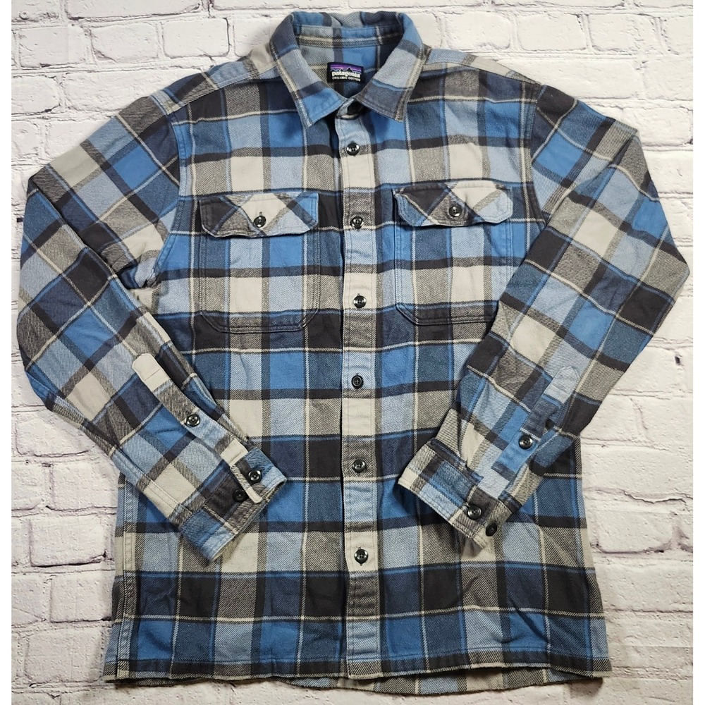 Patagonia Fjord Flannel Shirt Mens Blue Grey Plaid Organic Cotton Long Sleeve
